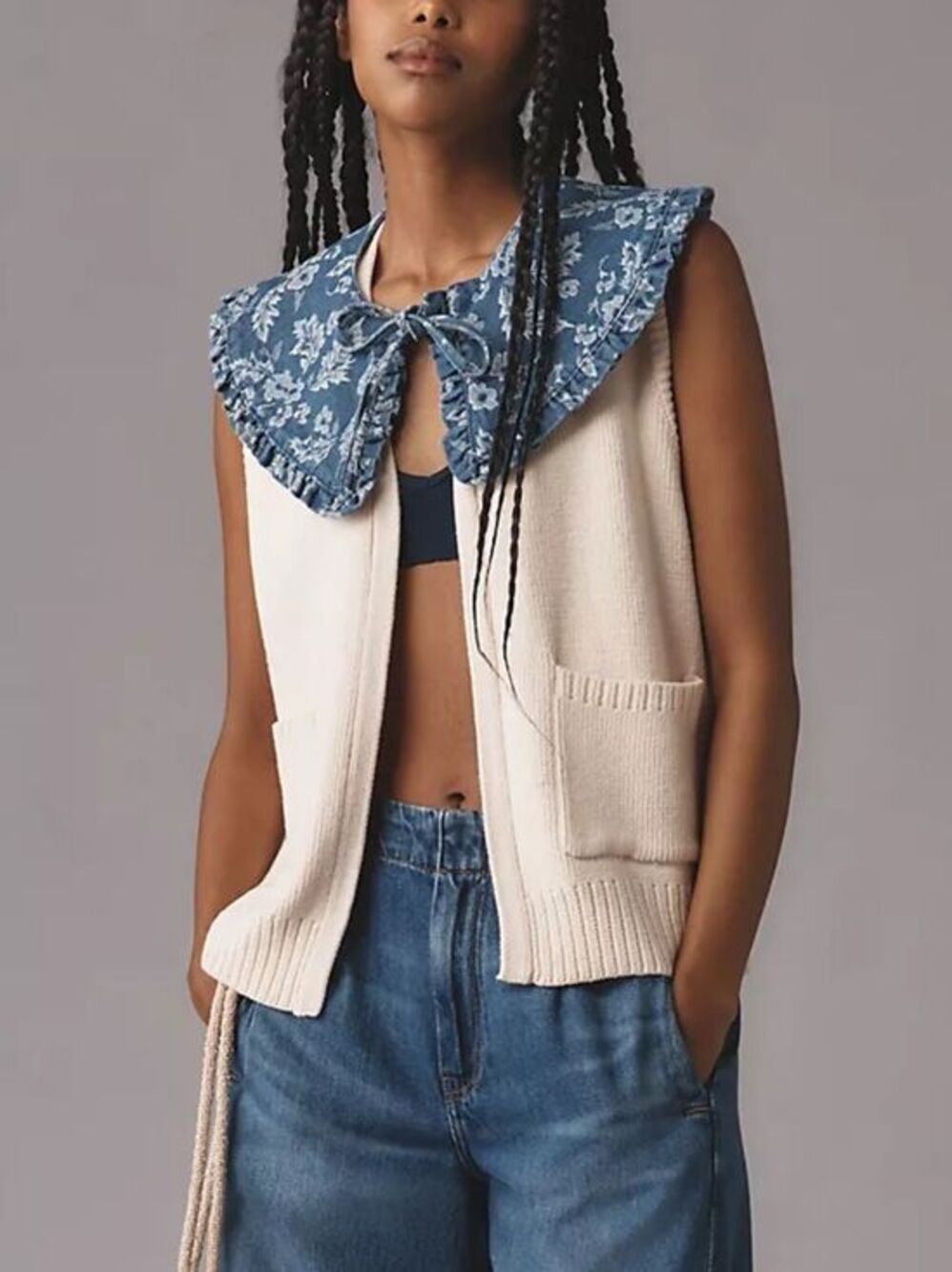 Anthropologie Maeve Denim-Collar Sweater Vest Removable Collar One Size